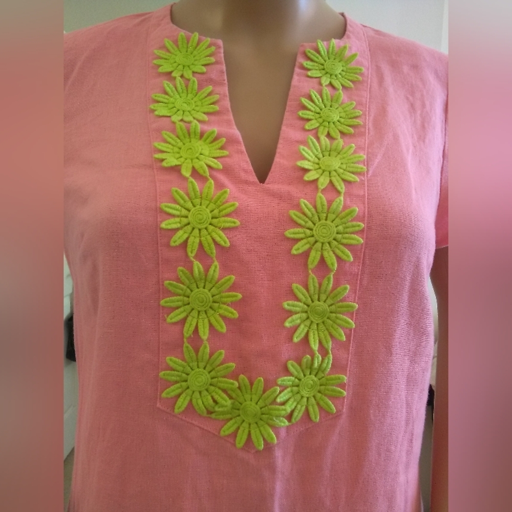 NWOT SAIL TO SABLE LINEN Pink Mini Dress Green Floral Embroidery Sz XS PTP 18-19 - Picture 8 of 8